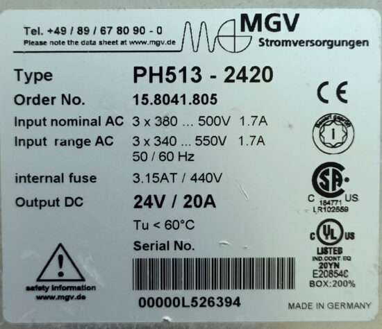 MGV PH513-2420 24V 20A Single Output AC to DC Switching Power Supply P247 - Image 2