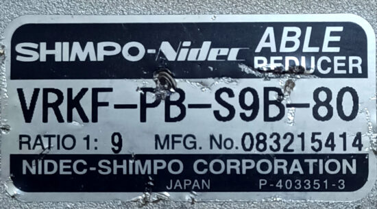 SHIMPO-Nidec 9:1 Ratio VRKF-PB-S9B-80 Able Reducer Gearbox G950 - Image 2