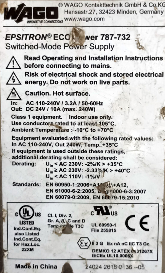 WAGO ECO-787-732 24V 10A AC To DC Single Output Switching Power Supply P334 - Image 3