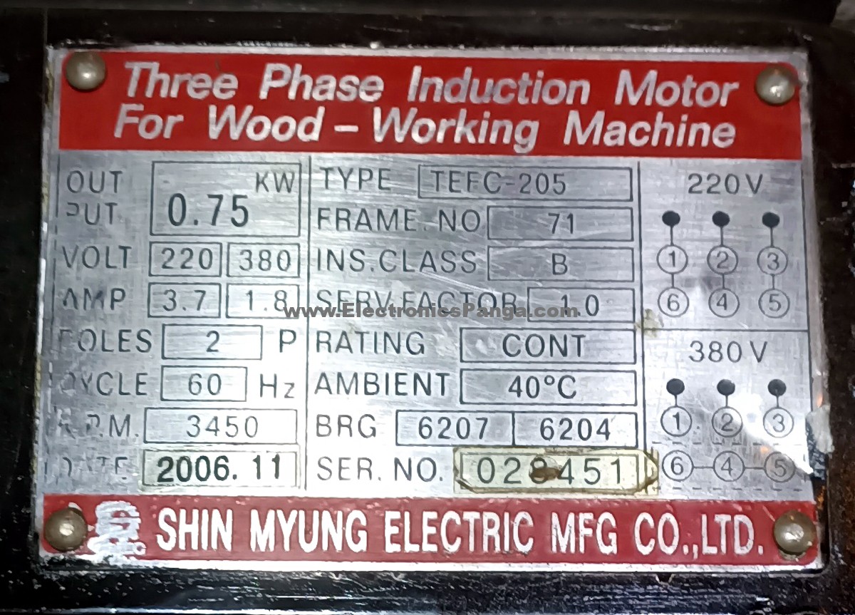 SHIN MYUNG 0.75Kw (750W) 220V/380V 3450RPM TEFC-205 3-Phase Induction Motor / Spindle DM134 - Image 2