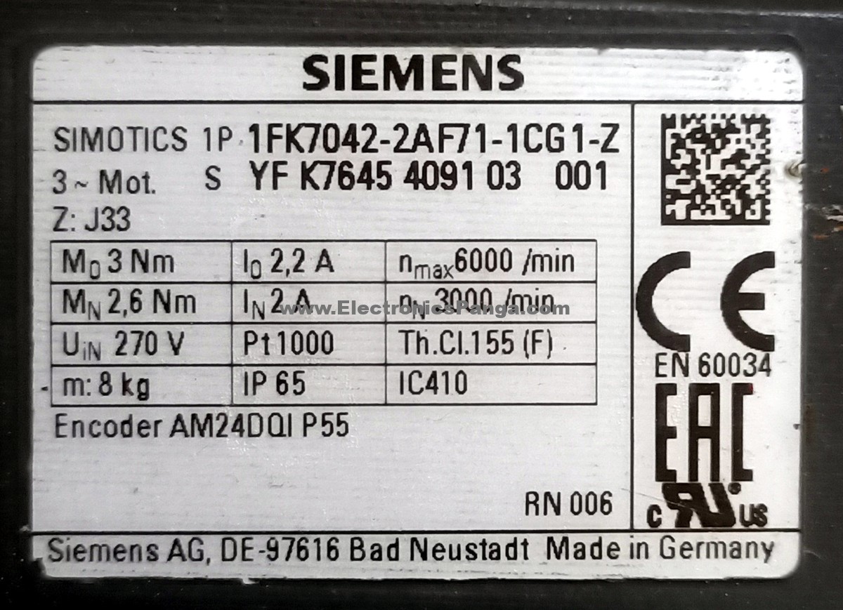 SIEMENS 1FK7042-2AF71-1CG1-Z 3-Phase Servo Motor SM1092 - Image 2