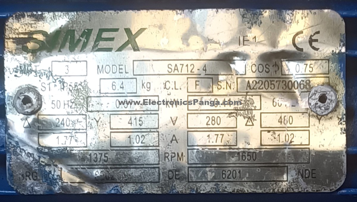 SIMEX SA712-4 0.37-0.44Kw (370-440W) 240-480V 1375-1650Rpm 50/60HZ Induction Motor DM165 - Image 2