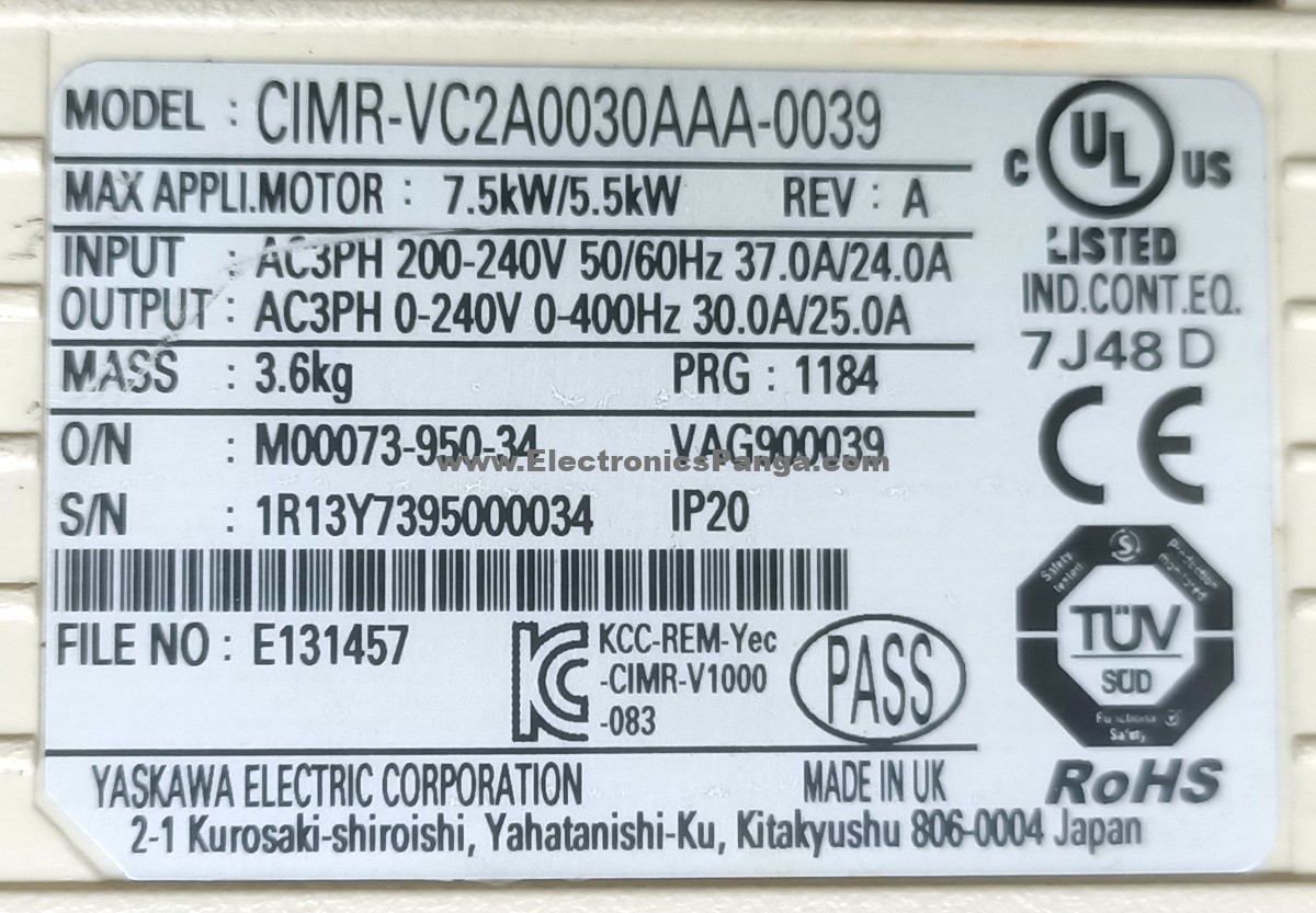 YASKAWA V1000 7.5Kw/5.5Kw CIMR-VC2A0030AAA-0039 Inverter NR35 - Image 2