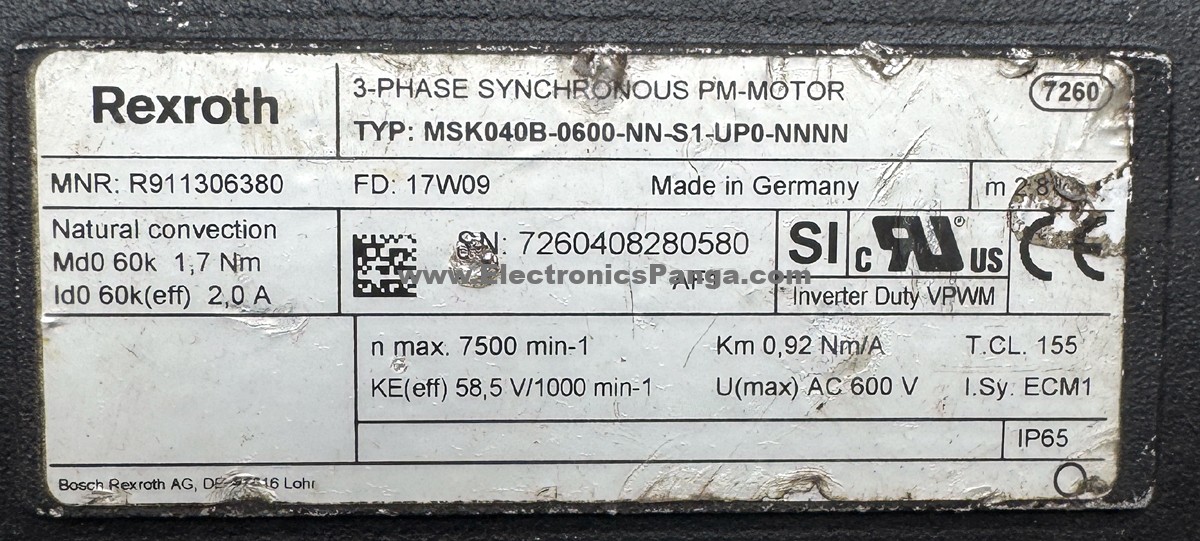 REXROTH MSK040B-0600-NN-S1-UP0-NNNN 3-Phase AC Servo Motor SM1395 - Image 2