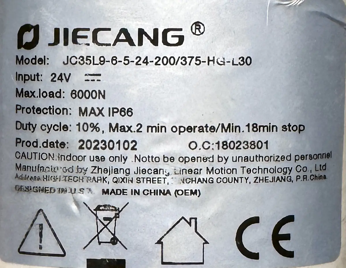 JIECANG JC35L9-6-5-24-200/375-HG-L30 24V/DC Linear Actuator 8inch Stroke DA80 - Image 2