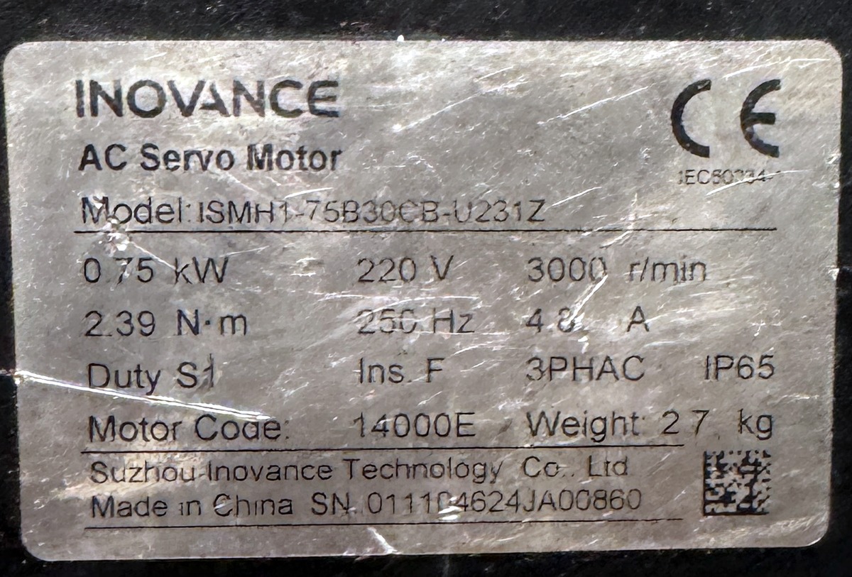 SUZHOU INOVANCE 0.75Kw (750W) ISMH1-75B30CB-U231Z AC Servo Motor SM1592 - Image 2