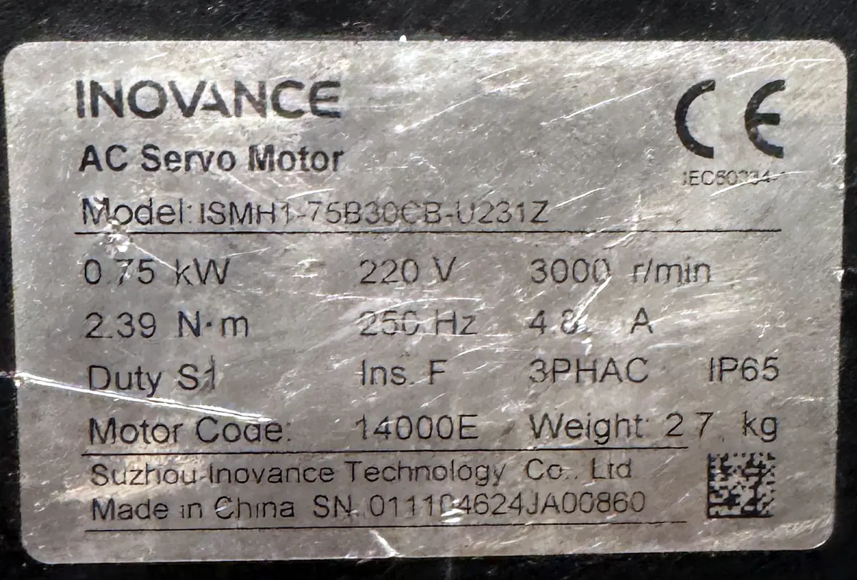 SUZHOU INOVANCE 0.75Kw (750W) ISMH1-75B30CB-U231Z AC Servo Motor SM1592 - Image 2